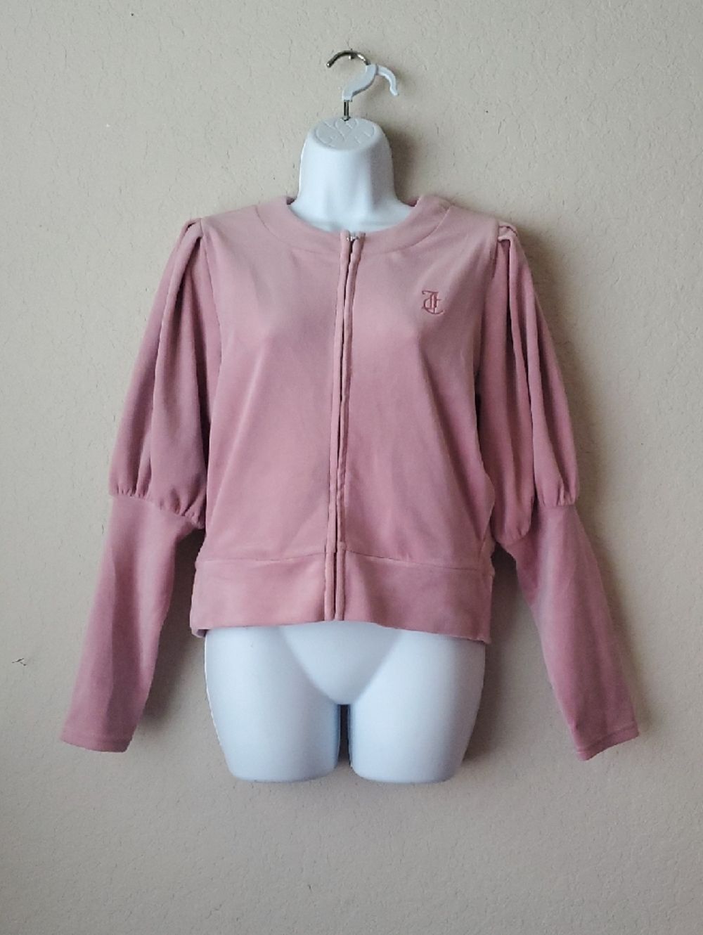 Juicy Couture Pink Velour Jacket Medium M Puff Sleeve Zip Up Track Sweater